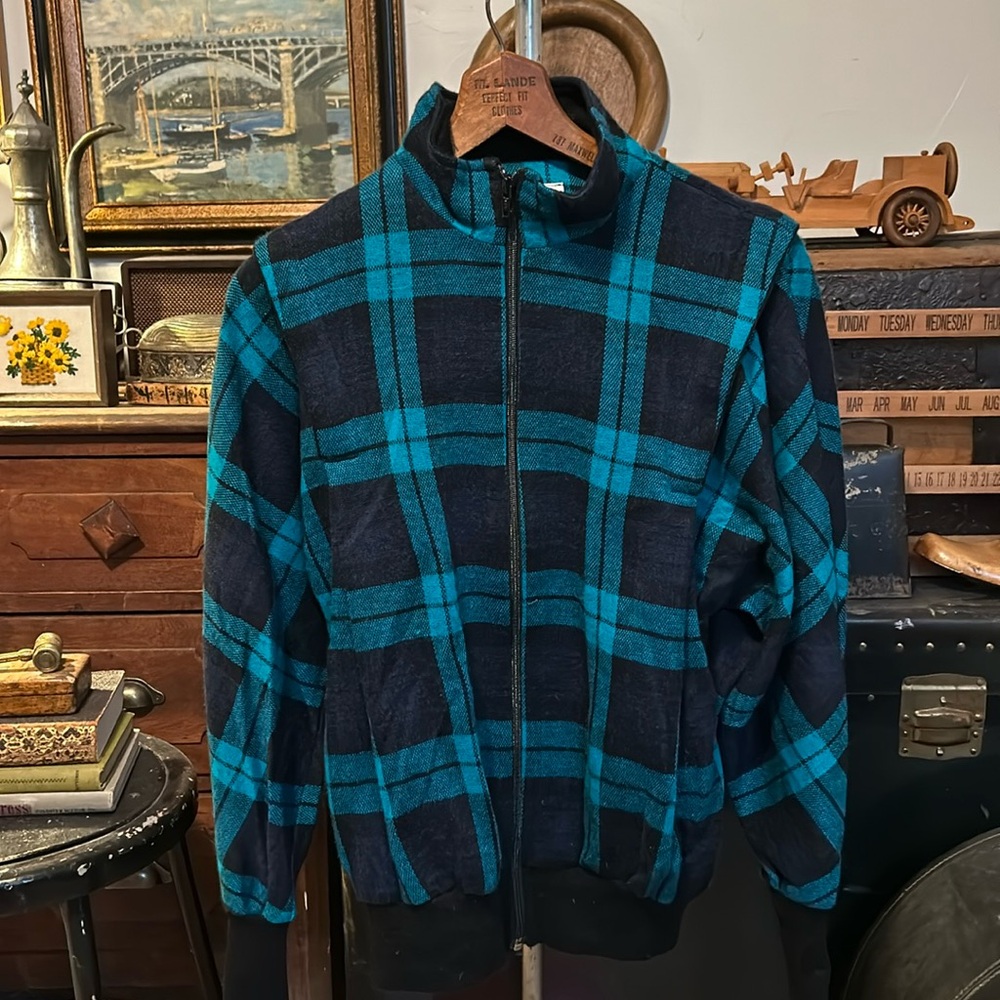 VINTAGE Blue Plaid Wool Bomber Jacket Made in USA